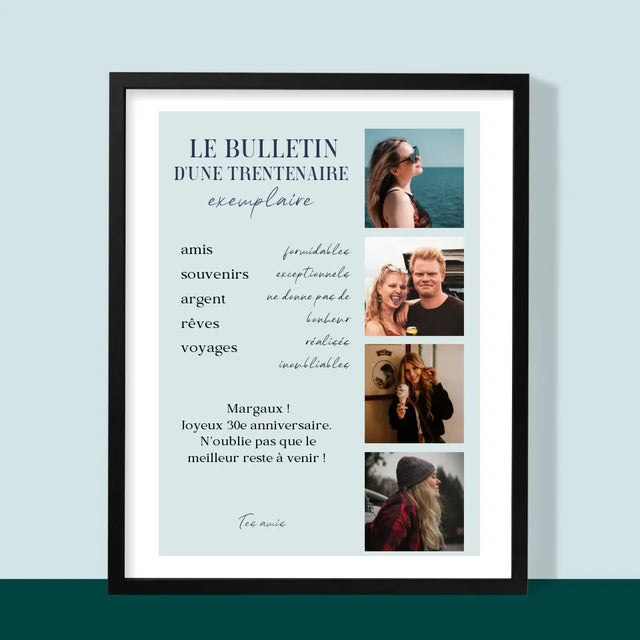 Le Collage Photo: Le Bulletin D'Une Trentenaire Exemplaire - Impression Encadrée 30X40