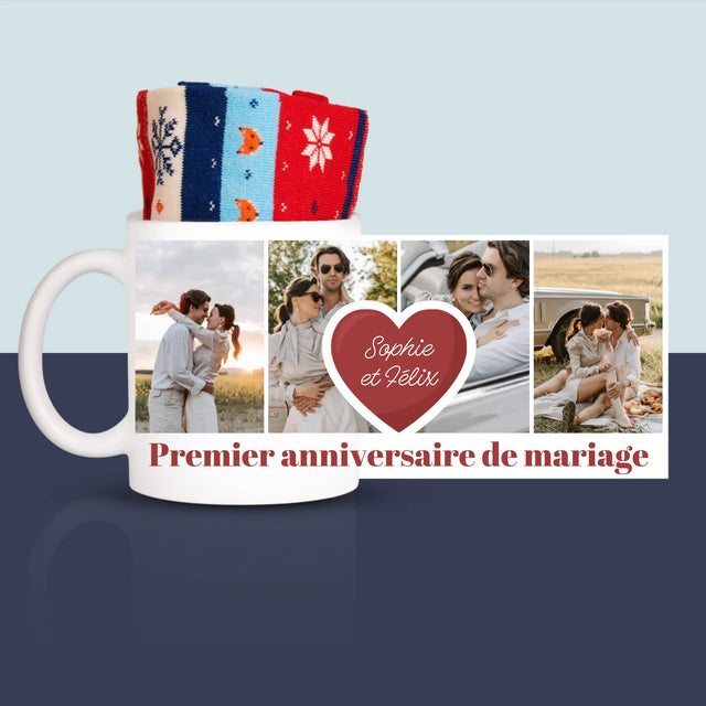 Le Collage Photo: Premier Anniversaire Cœur - Chaussettes D'Hiver Dans Une Tasse