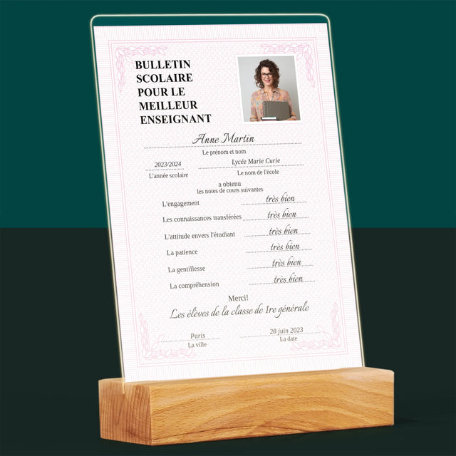 Photo Et Texte: Bulletin Scolaire Pour Le Meilleur Enseignant - Impression Sur Verre Acrylique