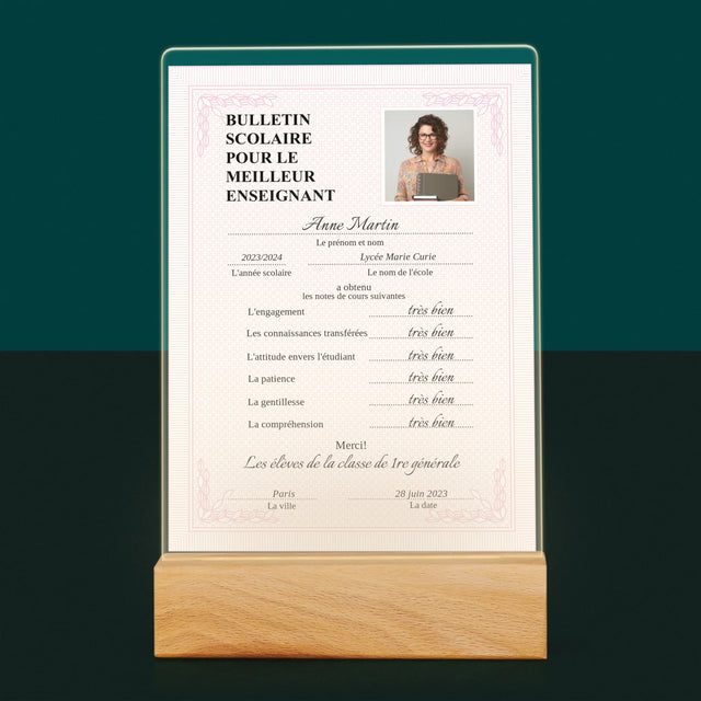 Photo Et Texte: Bulletin Scolaire Pour Le Meilleur Enseignant - Impression Sur Verre Acrylique