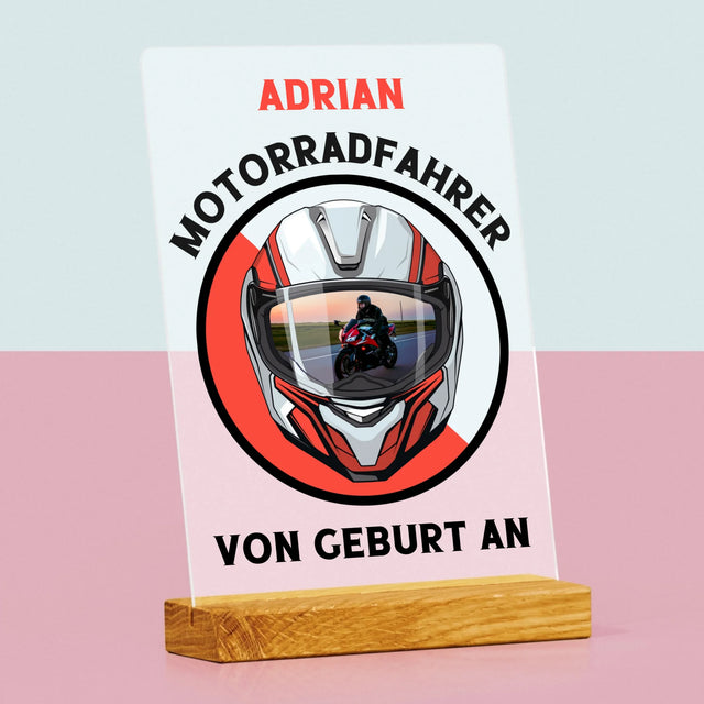 Photo et légende : Motard depuis la naissance - Impression sur verre acrylique | DE
