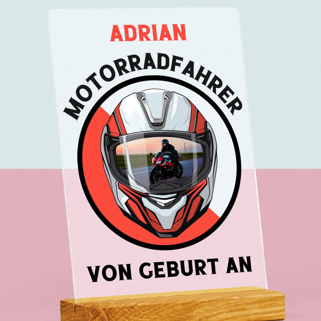 Photo et légende : Motard depuis la naissance - Impression sur verre acrylique | DE
