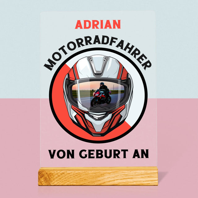 Photo et légende : Motard depuis la naissance - Impression sur verre acrylique | DE
