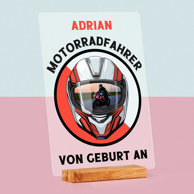 Photo et légende : Motard depuis la naissance - Impression sur verre acrylique | DE