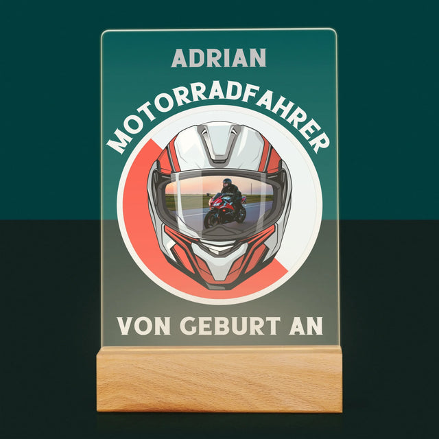 Photo et légende : Motard depuis la naissance - Impression sur verre acrylique | DE