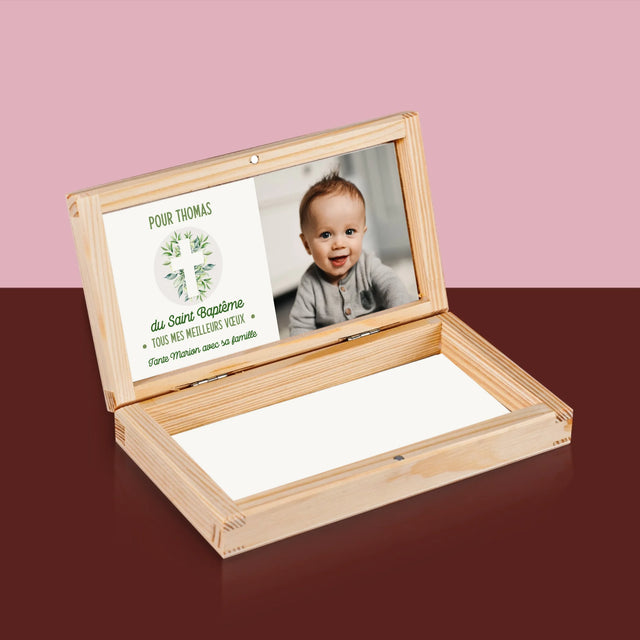 La Photo Et Un Texte: Saint Baptême Feuilles - Boîte À Monnaie En Bois