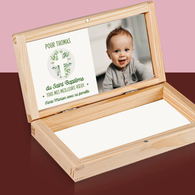 La Photo Et Un Texte: Saint Baptême Feuilles - Boîte À Monnaie En Bois